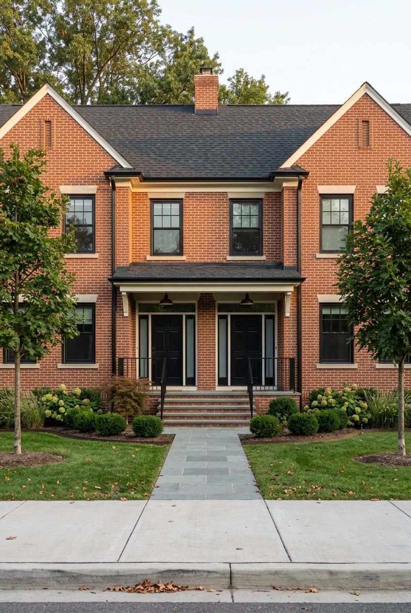 Small brick multifamily building with two entrances, symmetrical windows, and neatly trimmed landscaping.