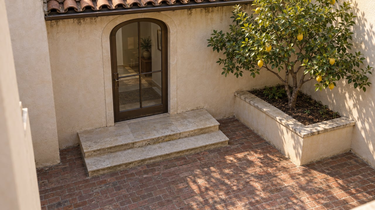 Elevated view of a sunlit brick courtyard with ivory stucco walls, an arched glazed door, limestone steps and a lemon tree.