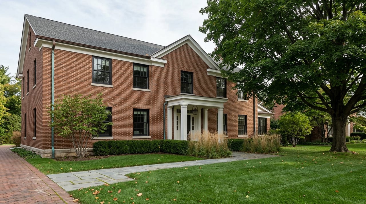 Symmetrical two-story brick house beyond a broad lawn, with a curving stone path and maple.