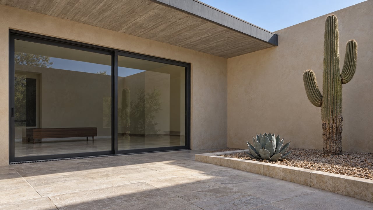 Shaded limestone terrace beside closed steel-framed glass doors and a raised stone border around a mature cactus and blue-gray agave.