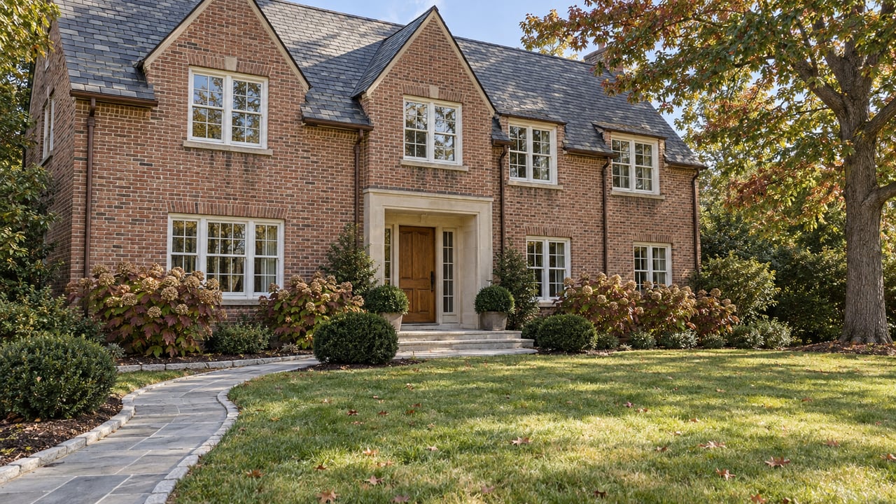 An established brick home with steep slate gables, a broad front lawn, limestone approach and mature oak in early autumn light.