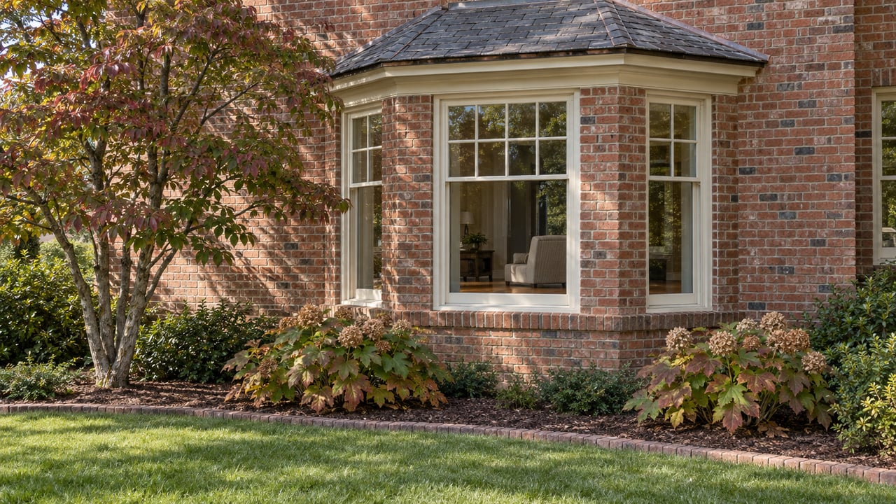 Sunlit red-brick window bay with ivory frames, a spreading dogwood and oakleaf hydrangeas above a curved lawn border.