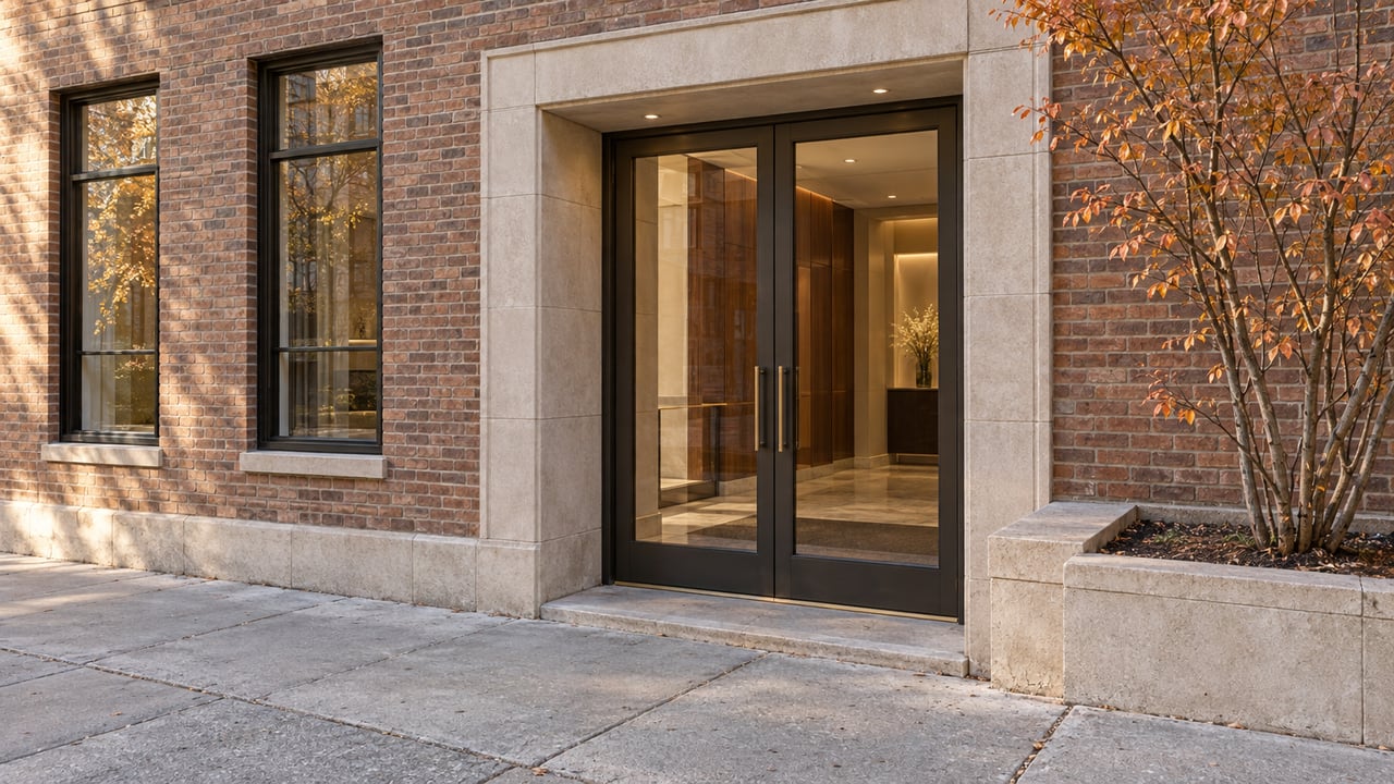 Urban brick facade with two tall windows, glazed entry doors, limestone surround, and a sparse orange-leaved tree.
