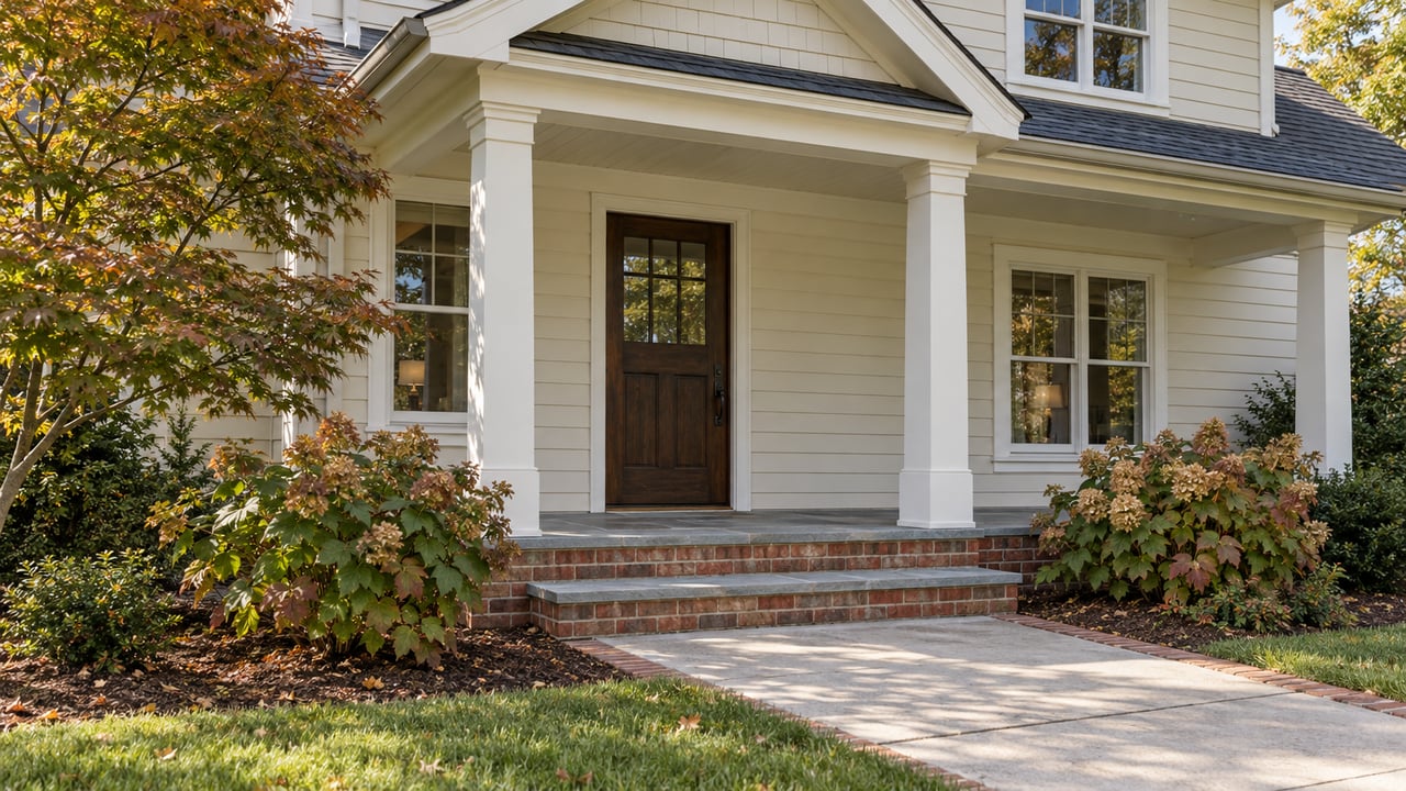 Cream-sided home entrance with red-brown brick steps, a gray stone porch, oak door, and autumn oakleaf hydrangeas.