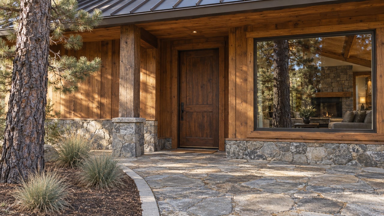 Cedar home entry with a recessed wood door, picture window, stone approach, and pine trunk.