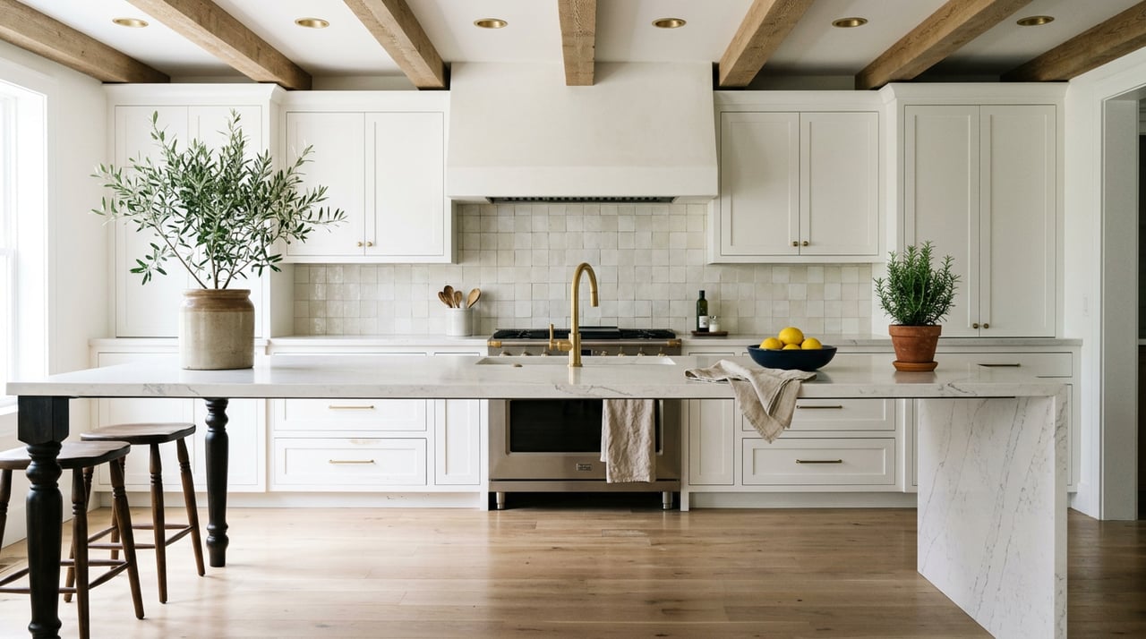 Quartz kitchen island with gray veining, ivory tile backsplash, white cabinets, exposed beams, and lemons.