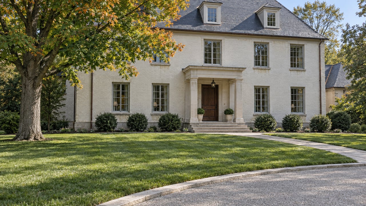 Painted-brick home with a slate roof and limestone entry beyond a deep lawn, beside a mature maple in early autumn light.