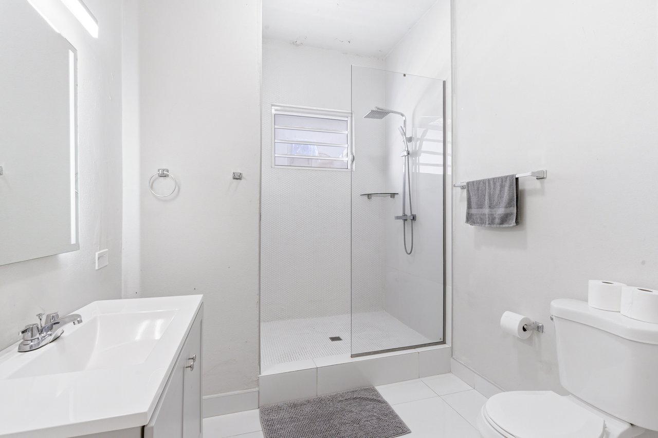 Bathroom with a glass-enclosed walk-in shower, white vanity, and toilet.