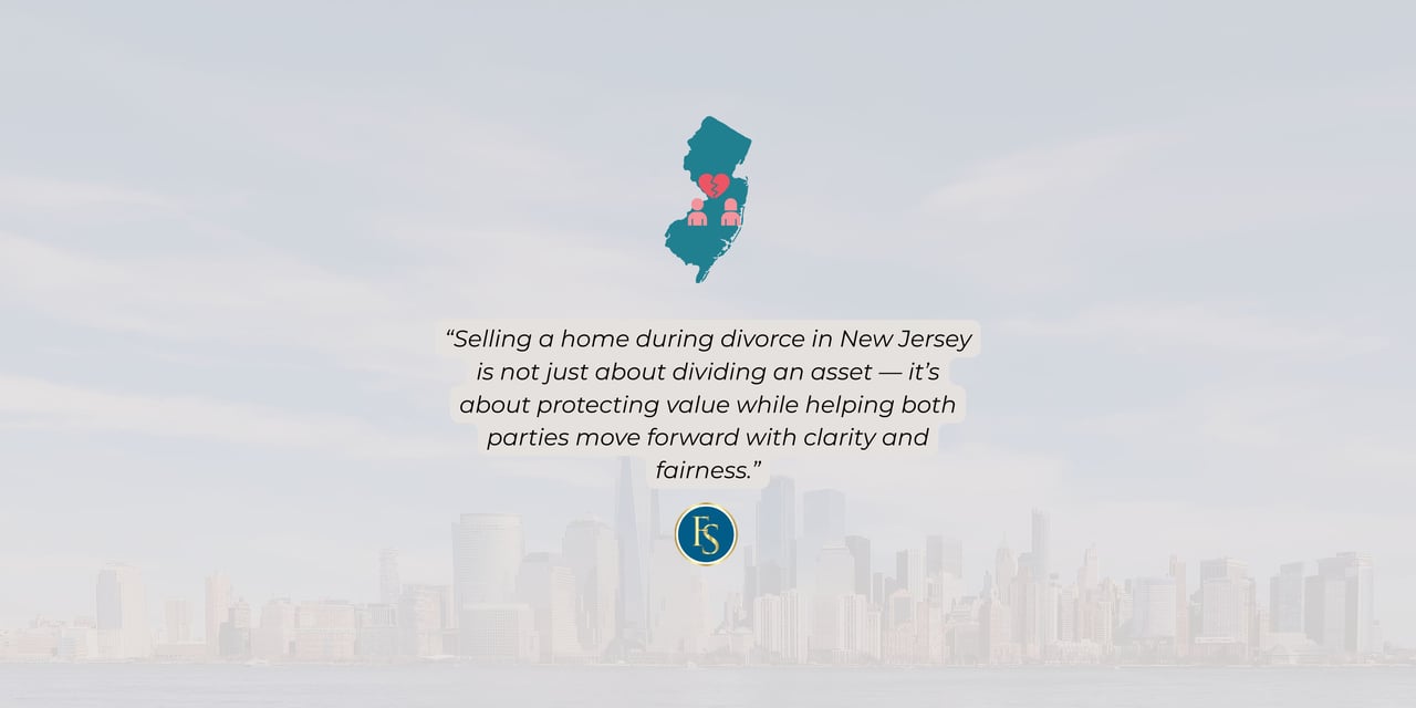 “Selling a home during divorce in Newark is not just about dividing an asset…” quote with NJ map