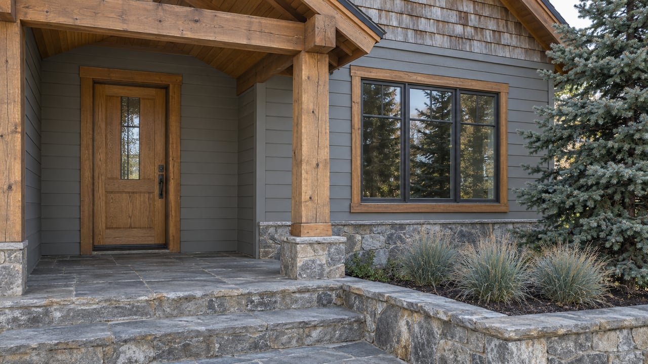 Home entrance with a timber porch, wooden door, and broad stone steps.