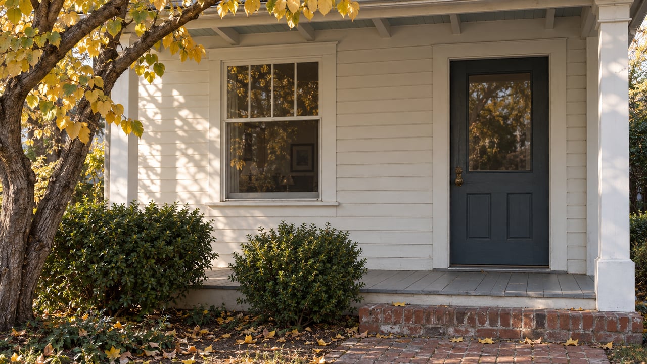 Compact off-white house with a slate-blue door, sash window, brick steps, and yellow leaves on a redbud tree.