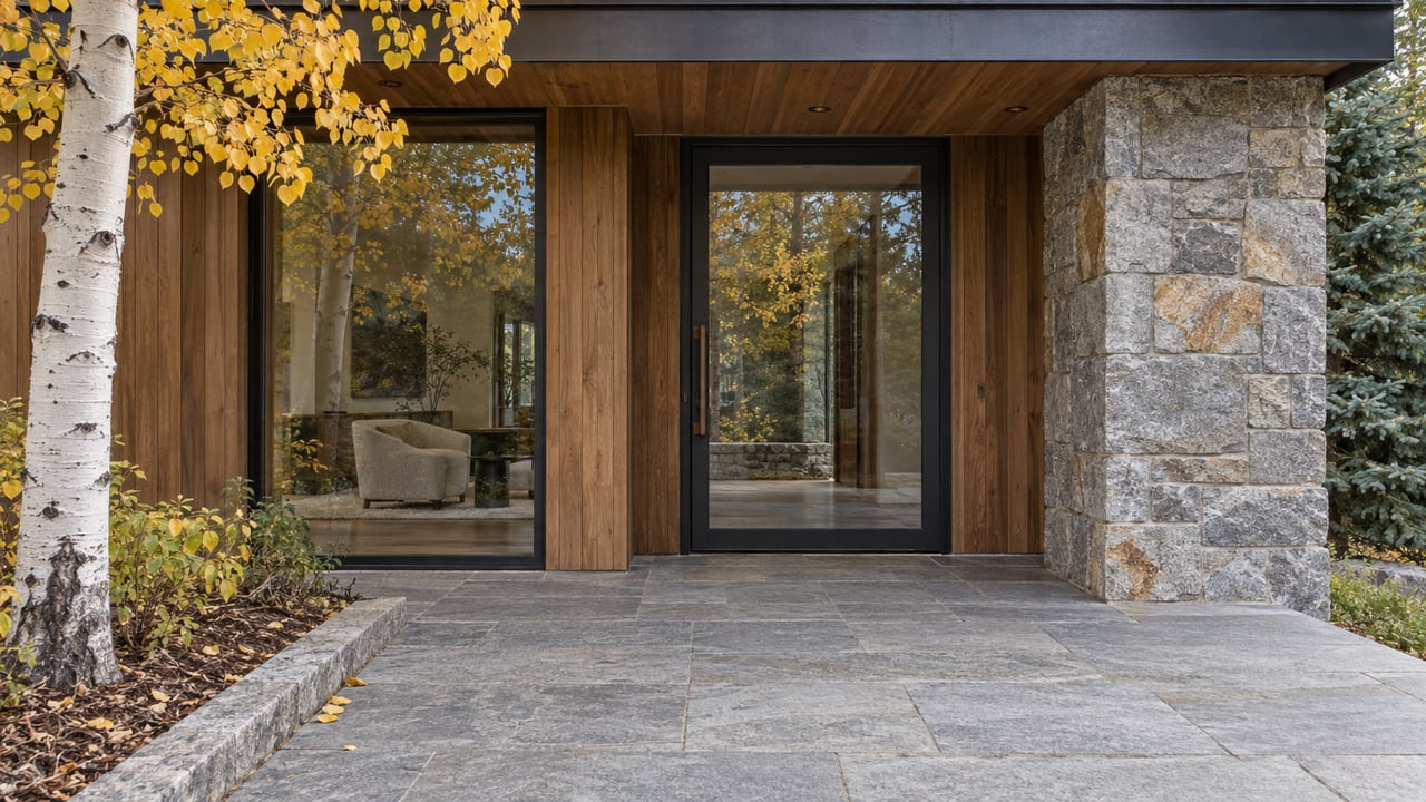 Autumn light on a cedar and granite home entrance, with a glazed door and golden aspen beside a stone landing.