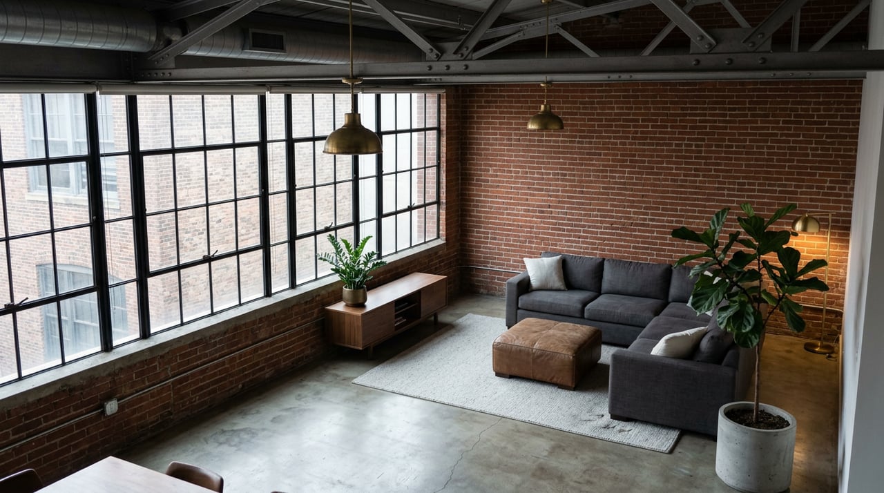 Converted industrial loft with a charcoal sofa, exposed brick, steel-frame windows, and a potted fiddle-leaf fig.