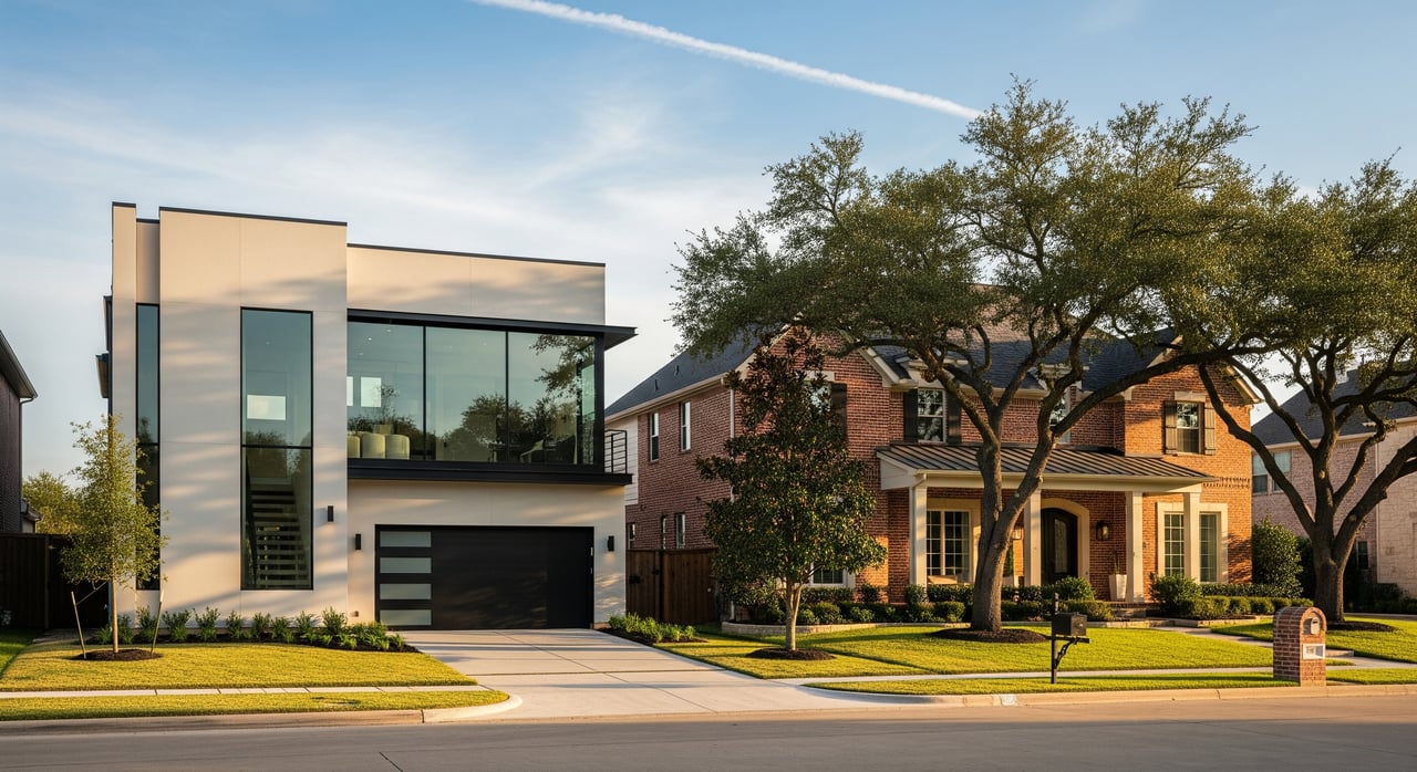 Modern glass-and-stucco house beside a brick home, with broad trees lining the lawns.