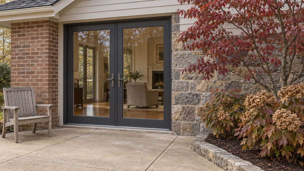 Autumn light on a brick and stone home's rear terrace, with closed glass doors, a weathered teak chair and burgundy dogwood foliage.