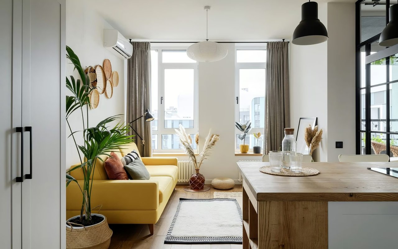 Bright apartment living area with a yellow sofa, large windows, and a wood-topped kitchen island.