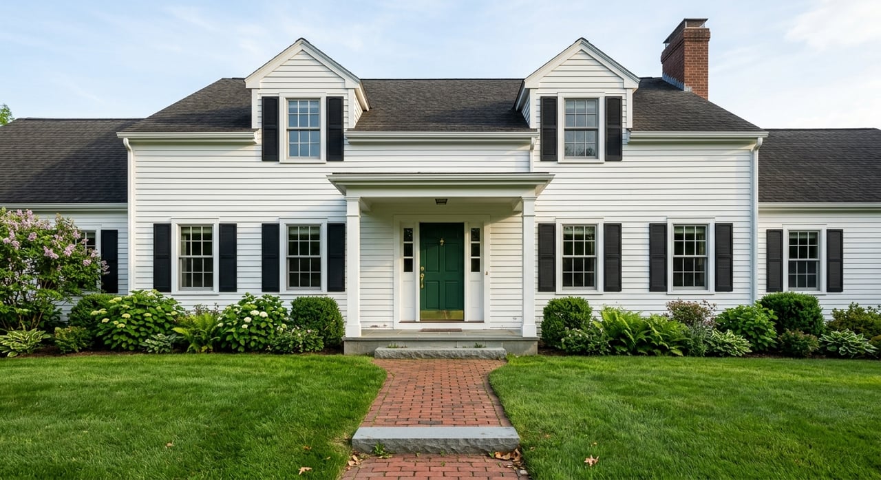 White clapboard house with black shutters, green door, brick walk, bluestone steps, and blue hydrangeas.