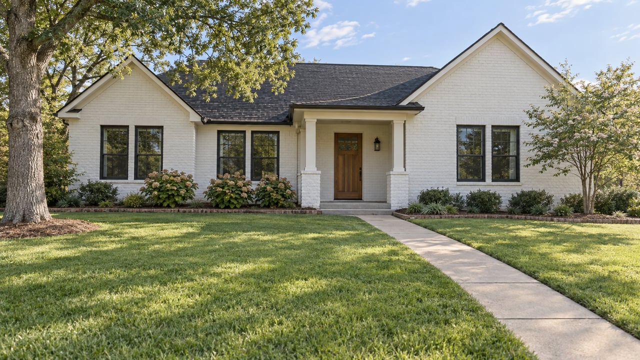 White-painted brick home with charcoal gables, a covered wood-door entry and a broad lawn bordered by oak, dogwood and oakleaf hydrangeas.