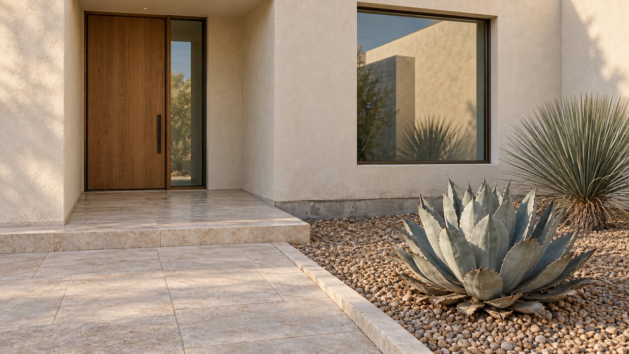Warm sunlight across a stucco home's oak entry, limestone steps, and sculptural desert plants in ochre gravel.