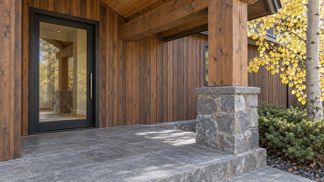 Covered home entry with weathered timber, gray stone paving, a glazed front door and yellow aspen leaves.