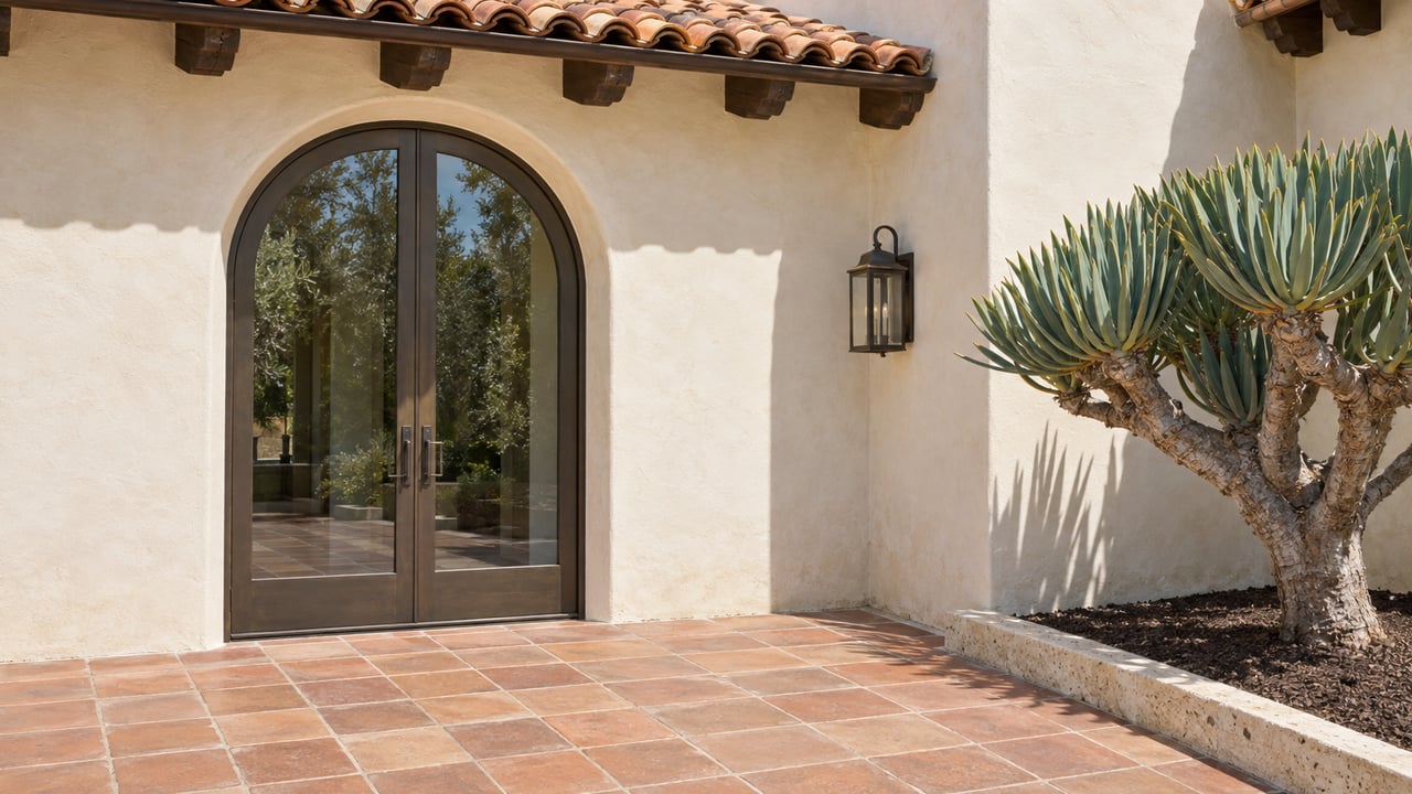 Elevated view of a cream stucco villa entry with arched bronze double doors, clay roof tiles, terracotta paving and a sculptural fan aloe.