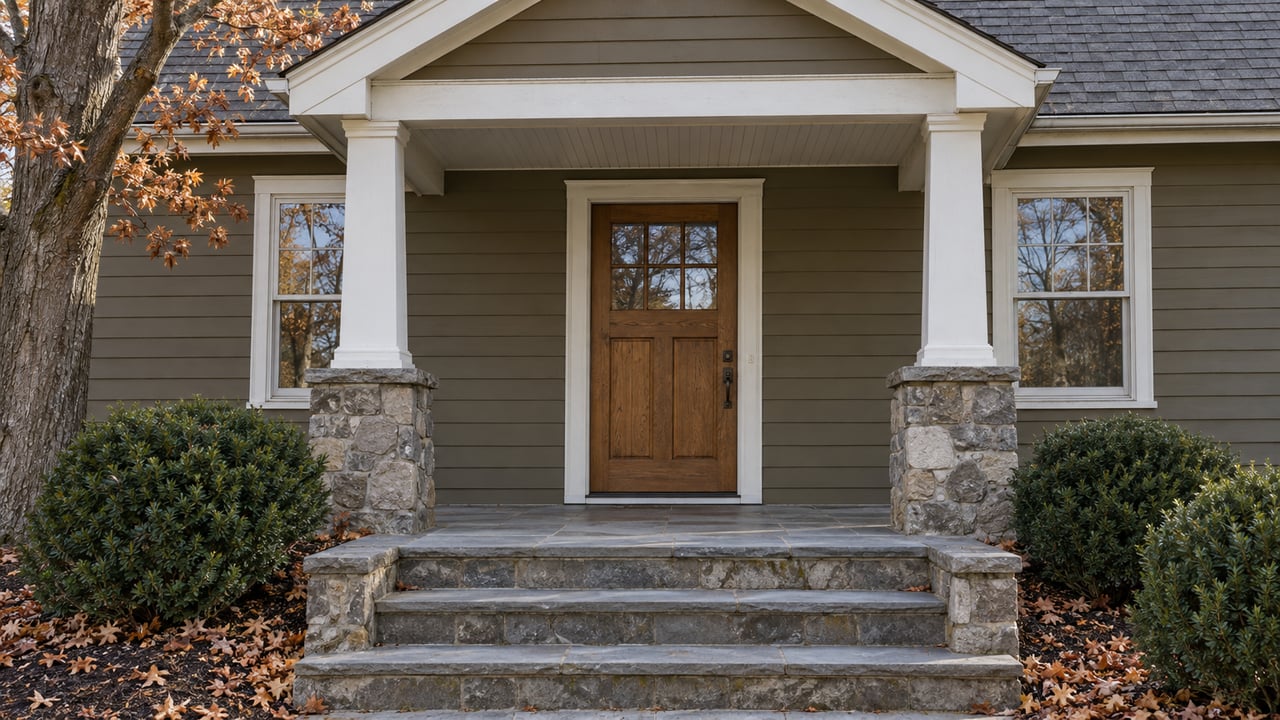 A sheltered olive-brown house entrance with white columns, stone steps and sparse late-autumn planting.