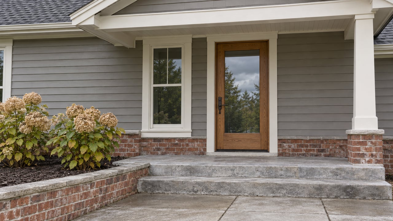Covered home entrance with an oak-framed glass door, gray siding, limestone steps and dried hydrangea flowers.