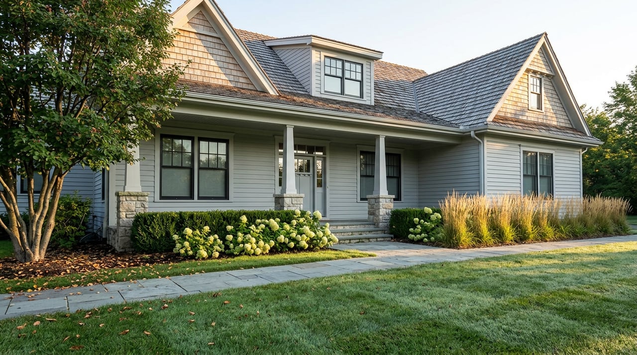 Dove-gray gabled house with a covered porch, bluestone walkway, and serviceberry tree across a dewy lawn.
