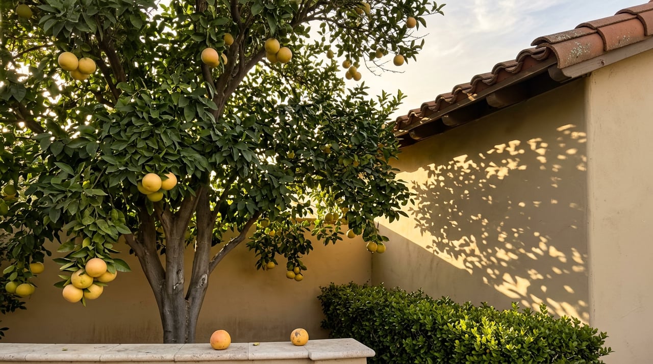 Grapefruit tree heavy with pale yellow fruit beside a stucco wall and terracotta roof eave.
