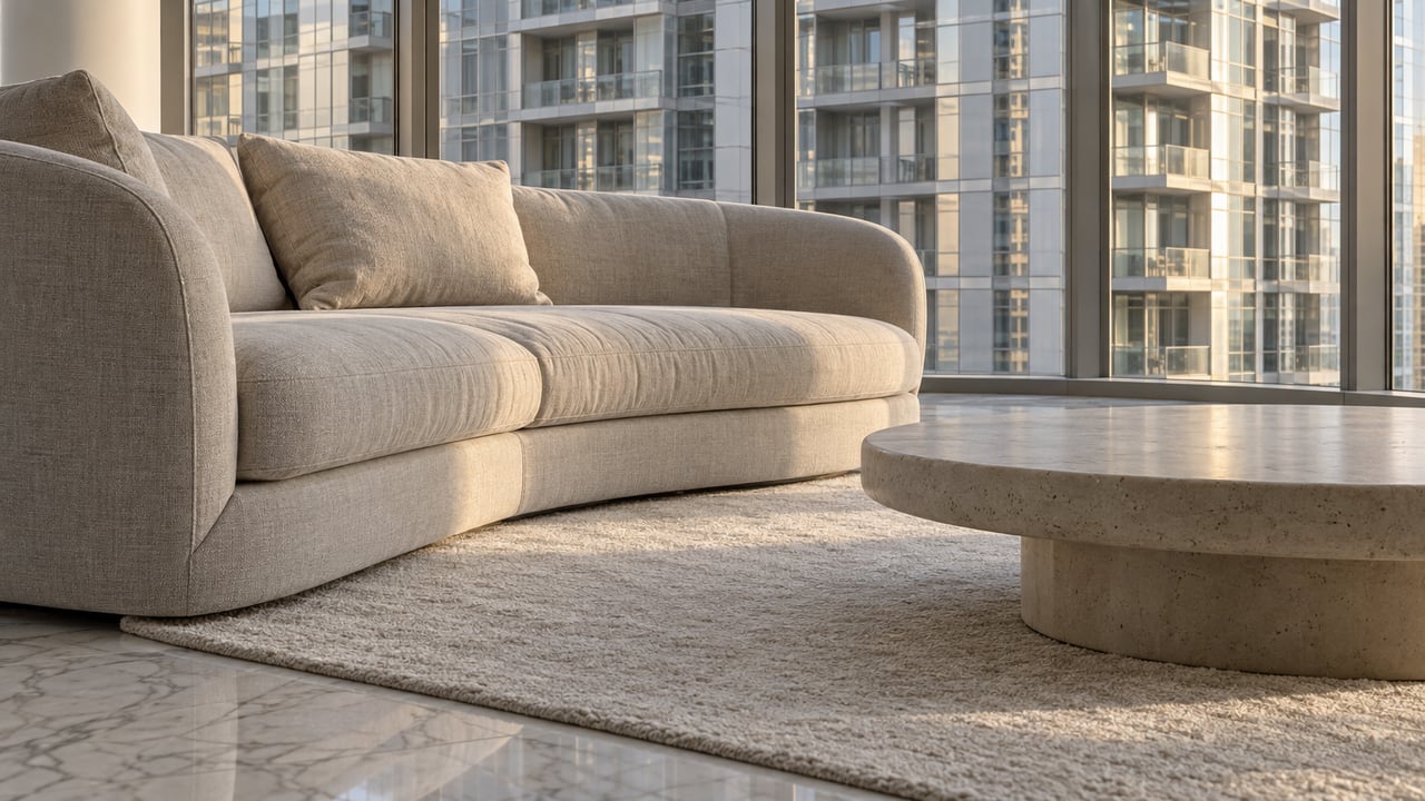 Low-angle view of a curved linen sofa and limestone table on white marble flooring beside enclosed curved glass windows, with a neighboring glass tower beyond.