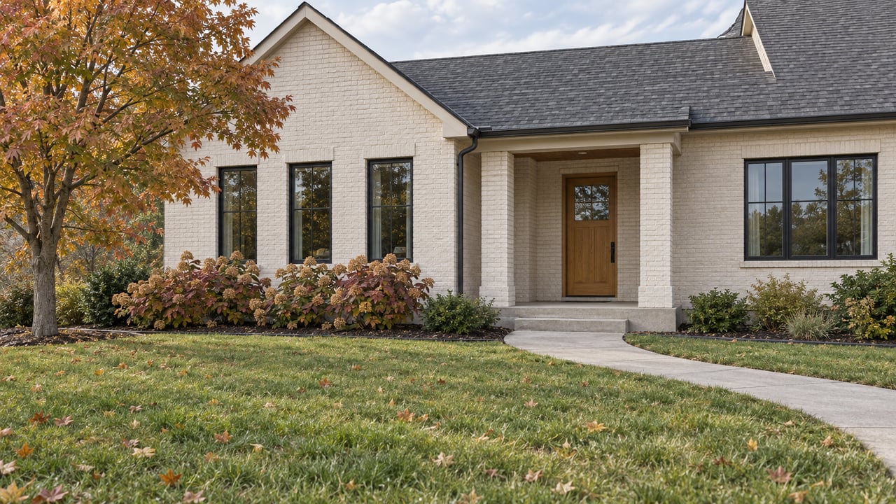 Ivory painted-brick home with black-framed windows, an oak entry door, and a broad autumn lawn crossed by a curved concrete walk.
