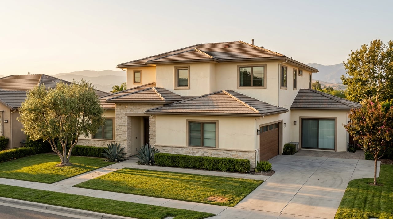 Two-story ivory stucco home with a tile roof, stone entry, olive tree, and deep lawn in warm afternoon light.