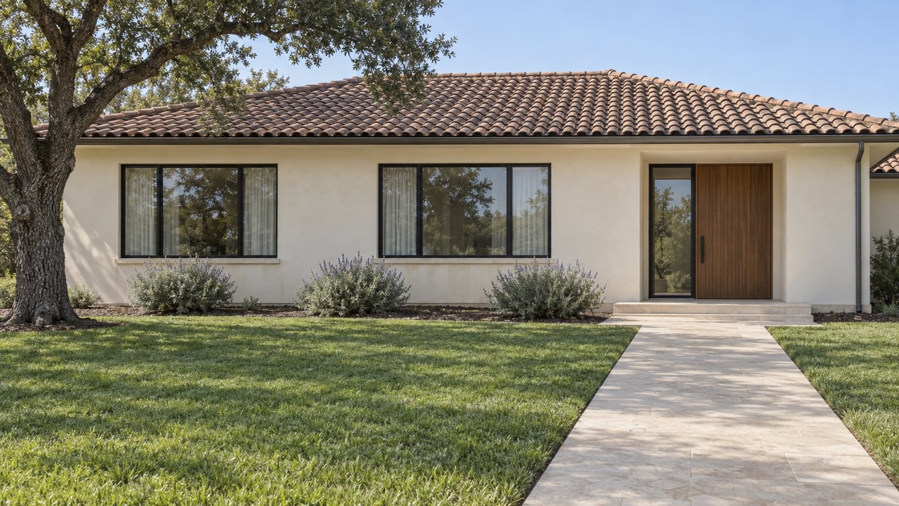 A single-story ivory plaster home with a clay tile roof, black-framed windows and walnut entry beyond a deep lawn and limestone walk, with one mature oak tree.