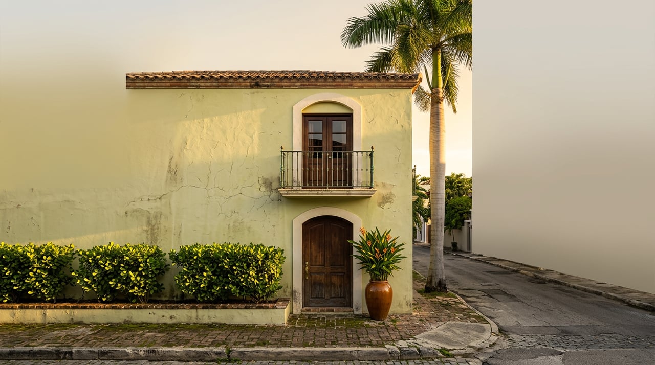 Two-story stucco facade with arched wood doors, an iron balcony, tiled roof, and palm rising above the parapet.