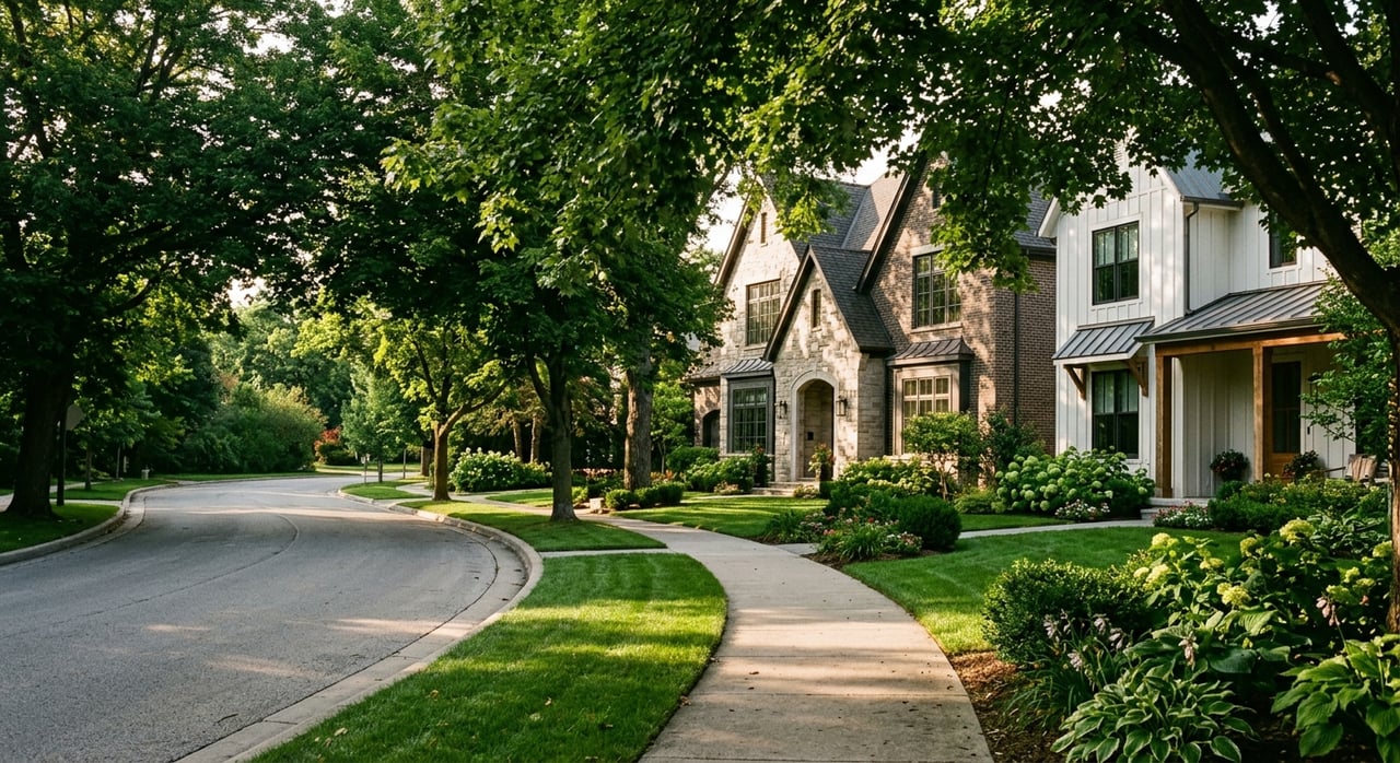 A concrete sidewalk passes two brick homes, clipped lawns, foundation shrubs, and mature trees.