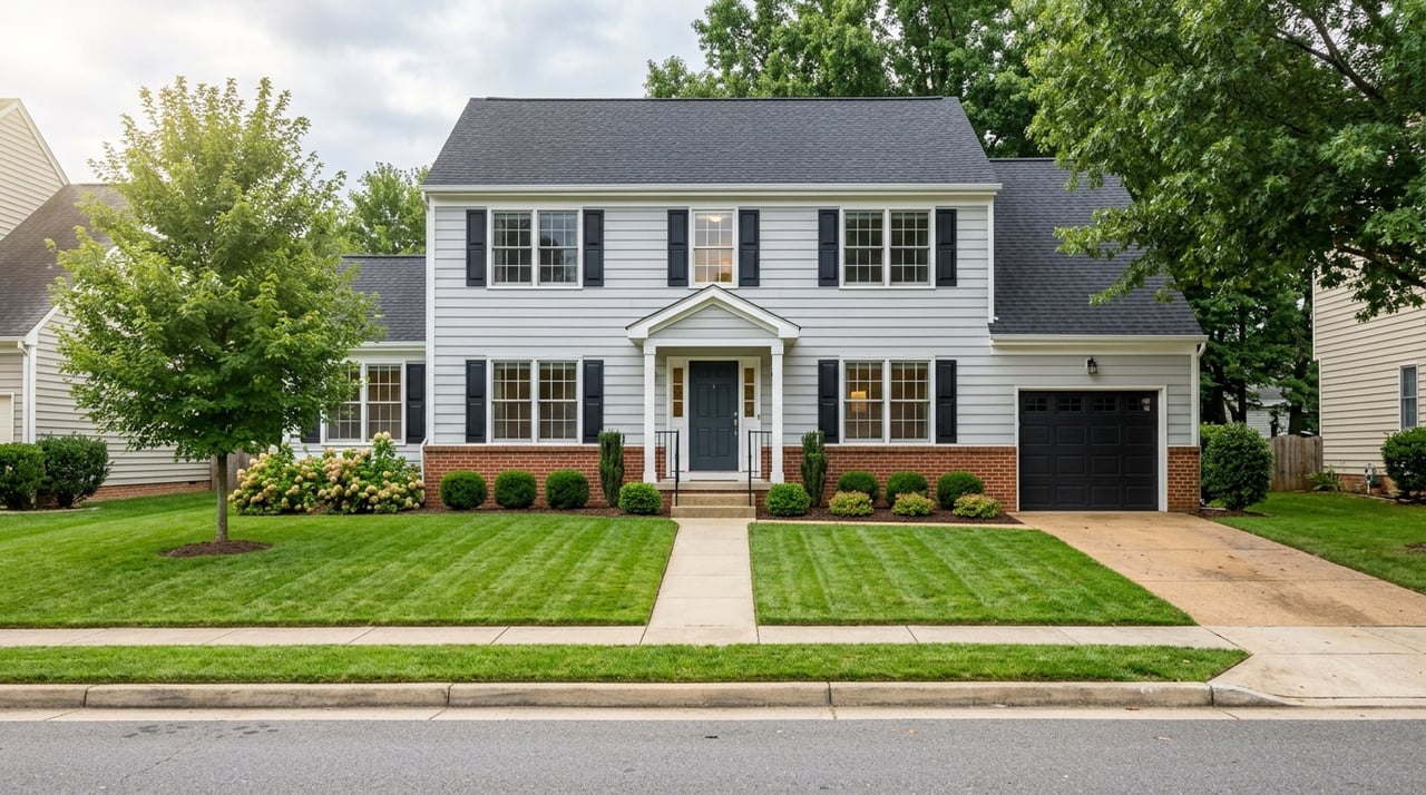 Centered Colonial-style house beyond a deep front lawn