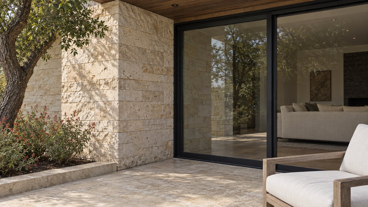 Sunlit limestone terrace corner with cedar soffit, closed black-framed glass doors, a teak chair and a sculptural live oak.