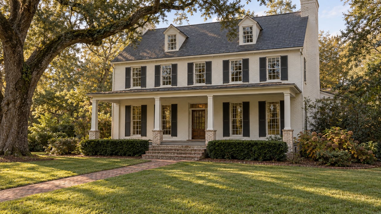 White painted-brick house with a slate-gray roof, shaded porch, and brick path across a broad lawn beneath a spreading oak.