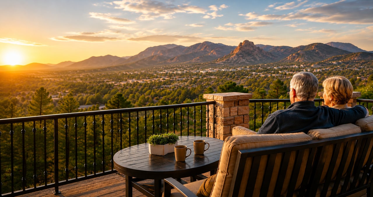 Retired couple on Prescott patio overlooking mountains while considering downsizing in retirement