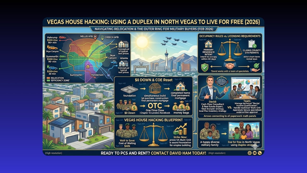 Infographic explaining a VA-loan duplex house-hacking strategy in North Las Vegas.