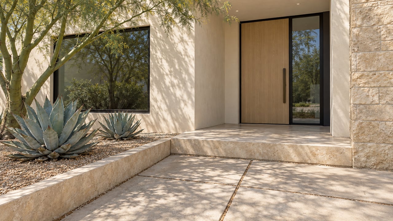 Sunlit ivory stucco entry with an oak door, limestone steps, and a sculptural green-trunk tree above two blue-gray agaves.