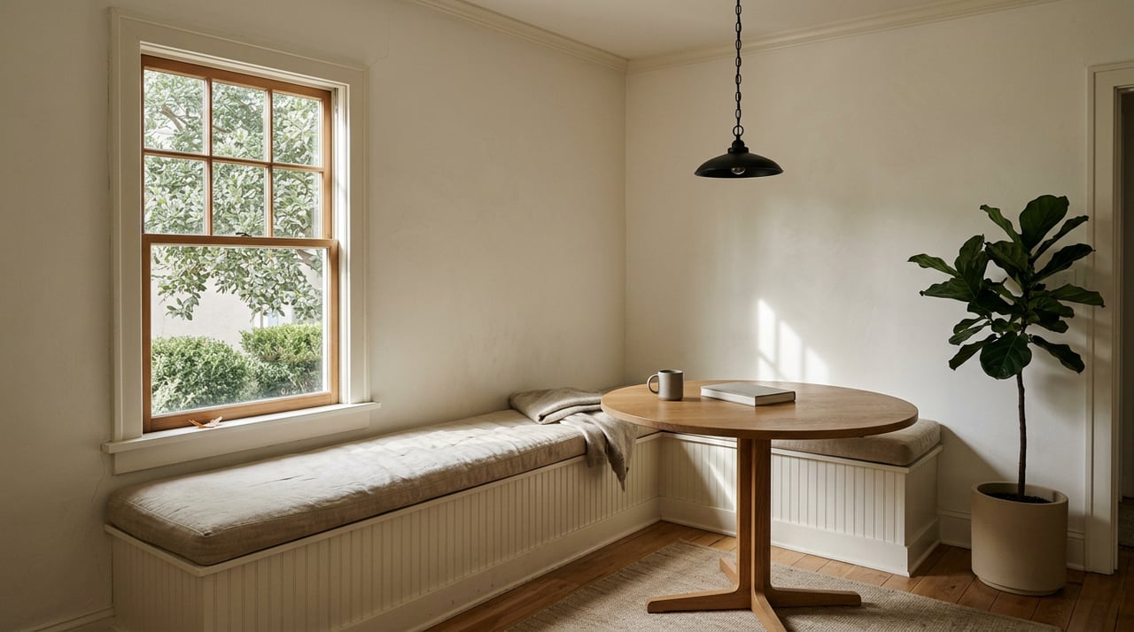 Breakfast nook with a built-in banquette beneath a divided-lite window, oak table, mug, and closed book.