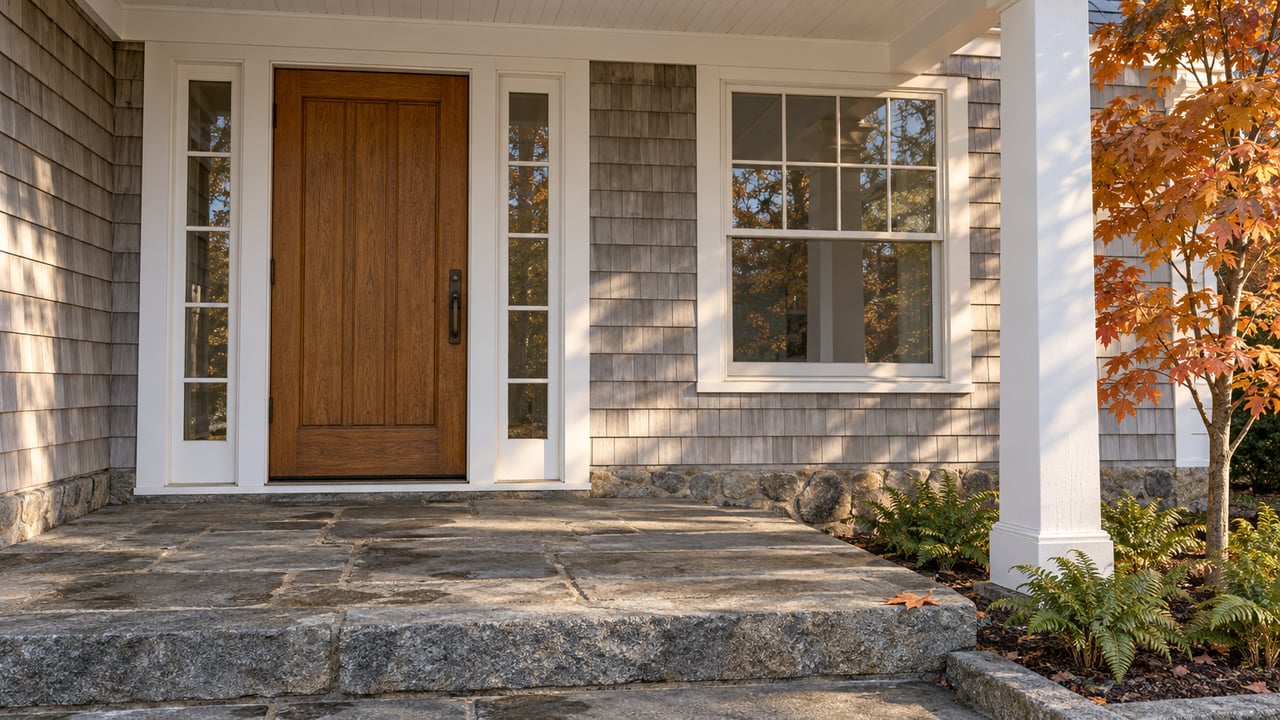 Autumn light across a cedar-shingled home's closed oak entry, paired sidelights and weathered granite porch beside orange maple leaves.