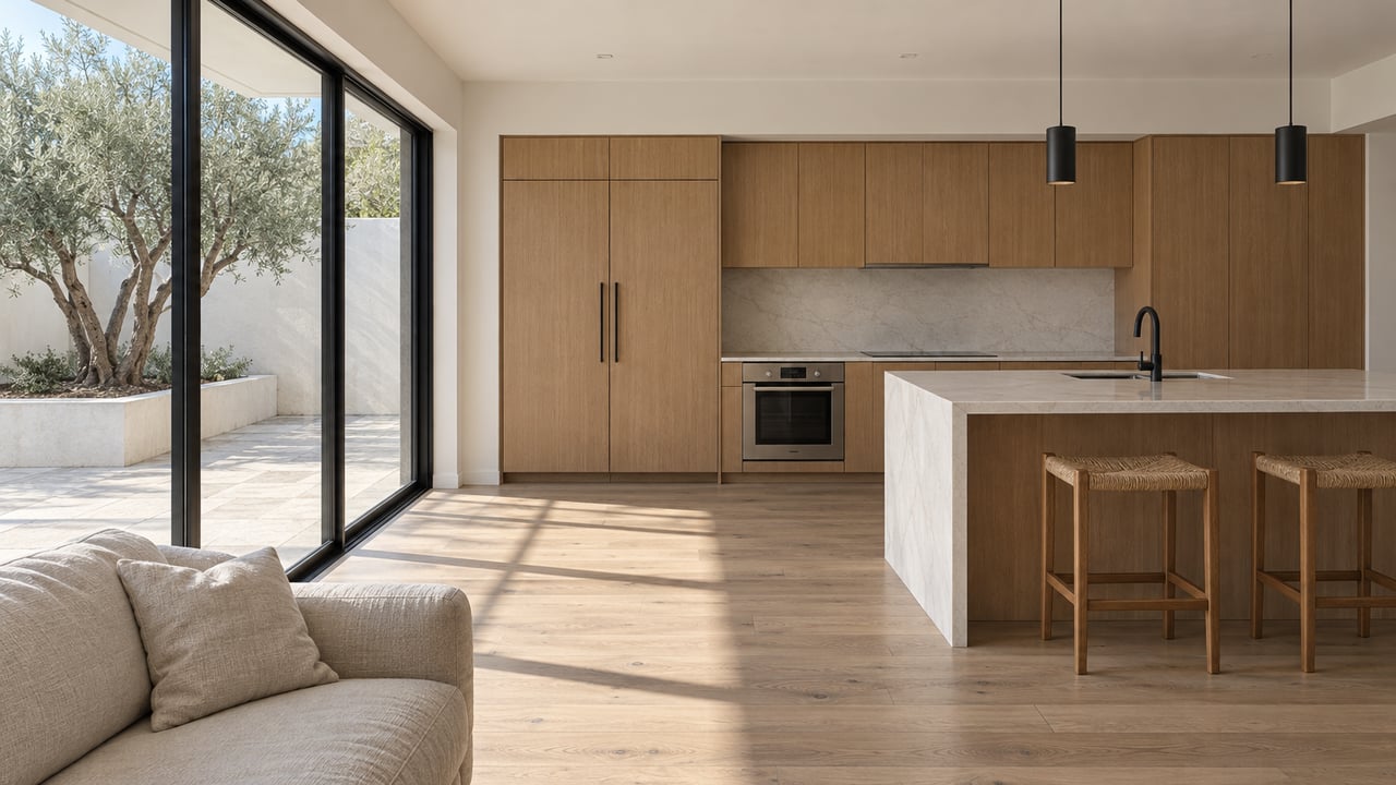 Sunlit contemporary kitchen with oak cabinetry, a white stone island, and closed black-framed windows overlooking an olive tree.