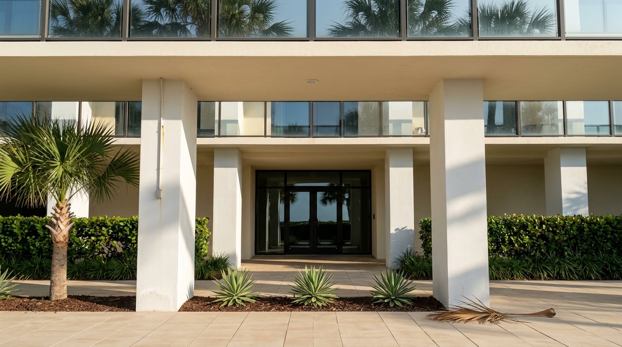 White concrete columns frame a glass condo entrance, with balconies and palm fronds above.