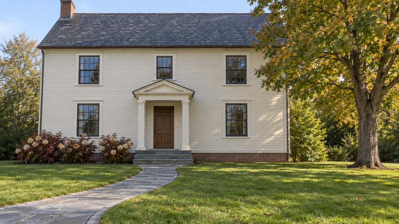 Ivory clapboard home with tall divided-light windows, a walnut entry door, bluestone approach and a deep autumn lawn.