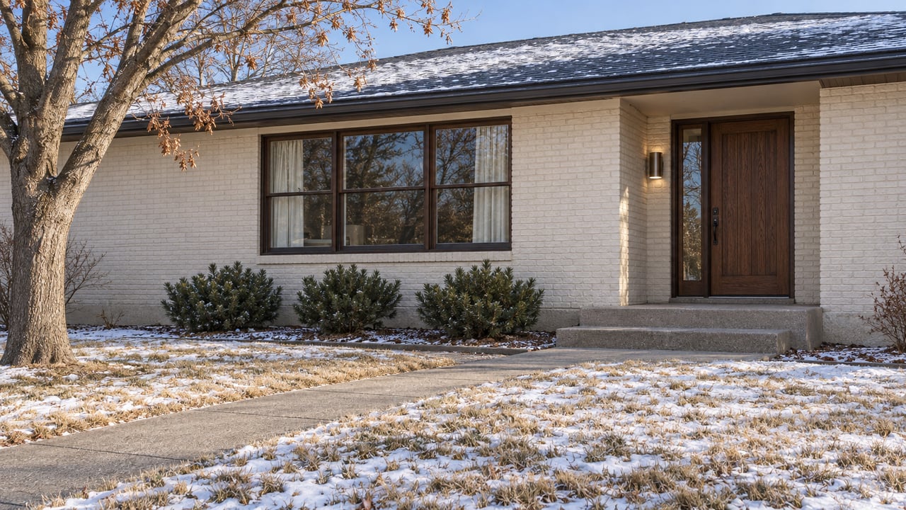 Cream brick ranch home with dark wood window frames, a recessed oak entrance, and light snow across its spacious winter lawn.