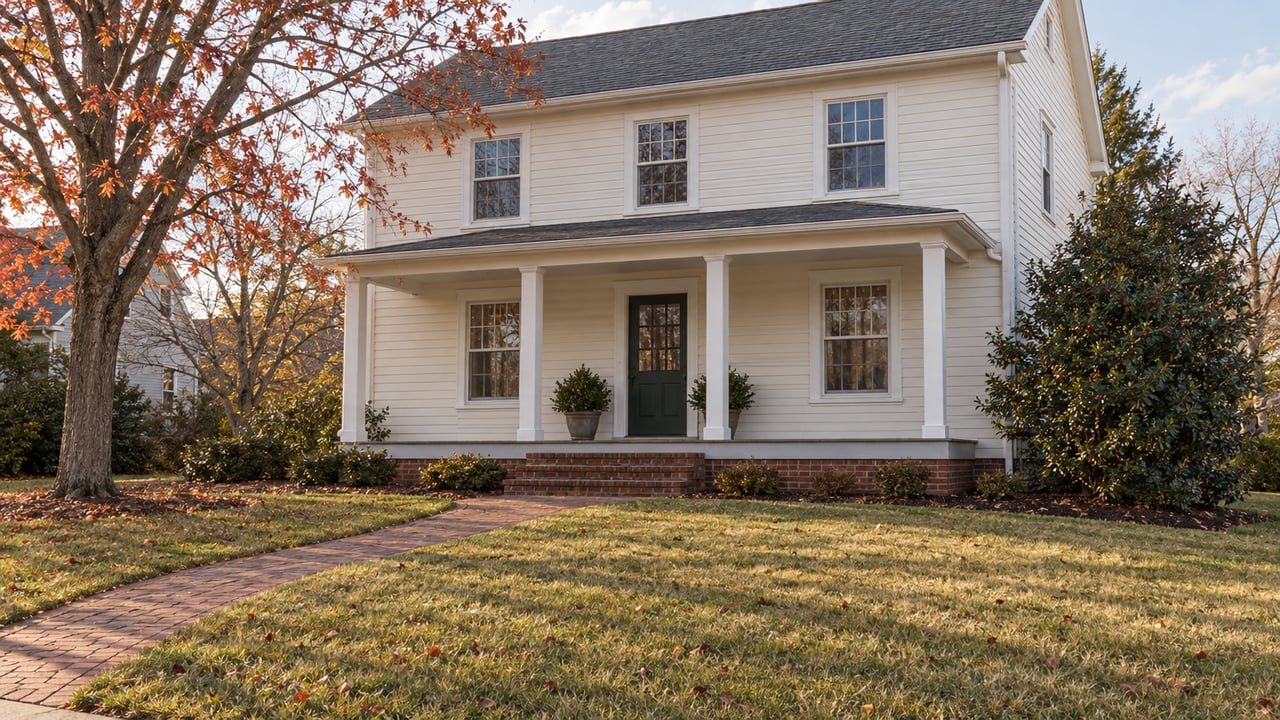Ivory clapboard house with a covered porch, brick walk, and deep late-autumn lawn beneath a mostly bare red maple.