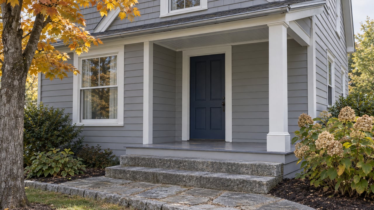 Gray clapboard house with a covered porch, blue front door, granite steps and faded hydrangea flowers beneath amber maple leaves.