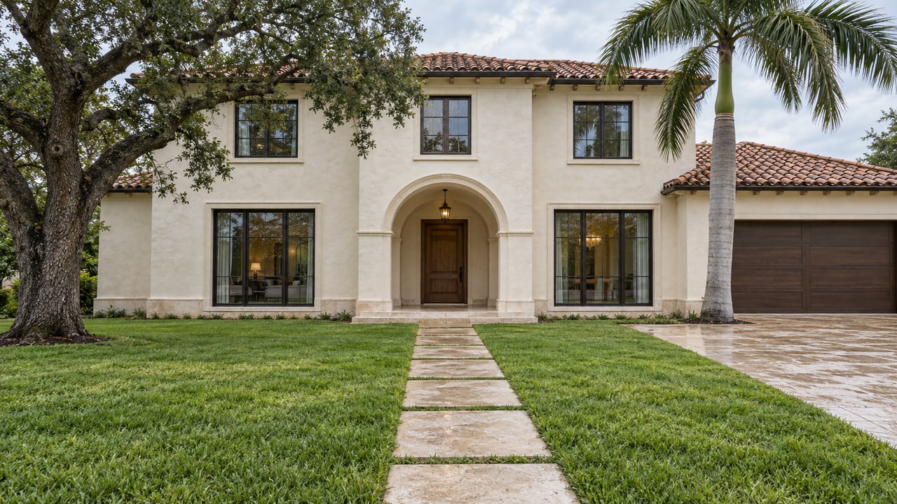 Ivory stucco home with a terracotta roof, arched entry and limestone approach beyond a deep lawn, framed by a live oak and a royal palm after rain.